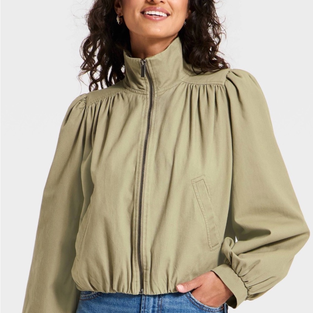 Universal Thread Olive Green Zip-Front Puff Sleeve Bomber Jacket